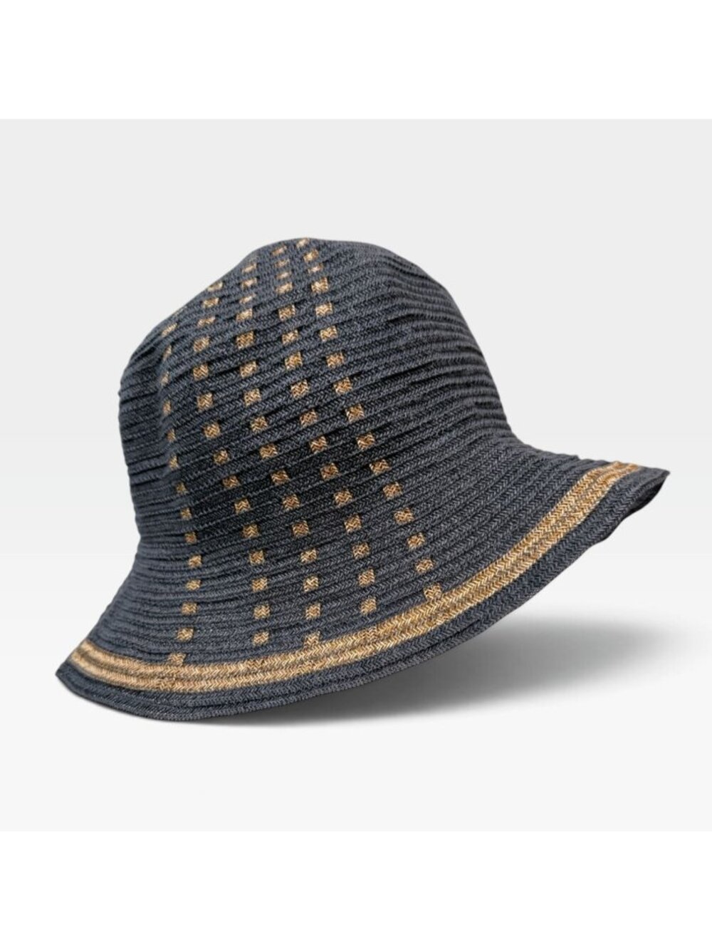 LISA VENTRE Bucket Hat Gray Tan Woven Straw Style Boho Beach Womens Medium